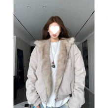 美式大毛领座山雕连帽棉服女冬季cleanfit短款工装夹克深秋厚外套