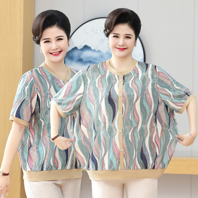 胖妈妈装夏季针织小衫短袖加肥加大码中老年女T恤阔太太上衣遮肚