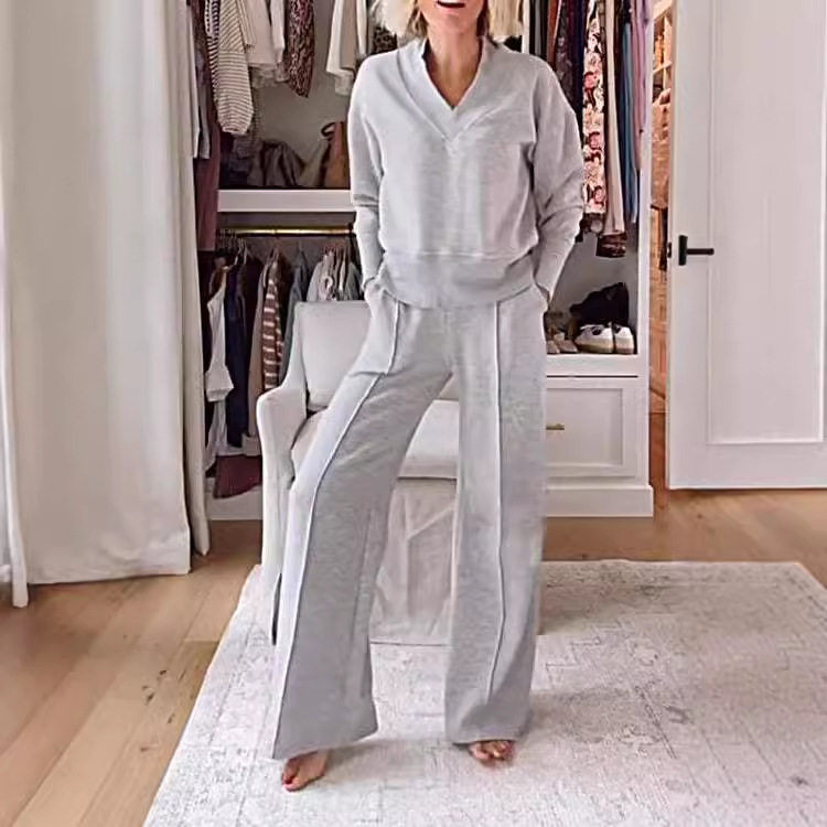 2024 가을 독립 역 새로운 캐주얼 V-NECK 긴팔 느슨한 탑 와이드 레그 바지 2 피스 세트