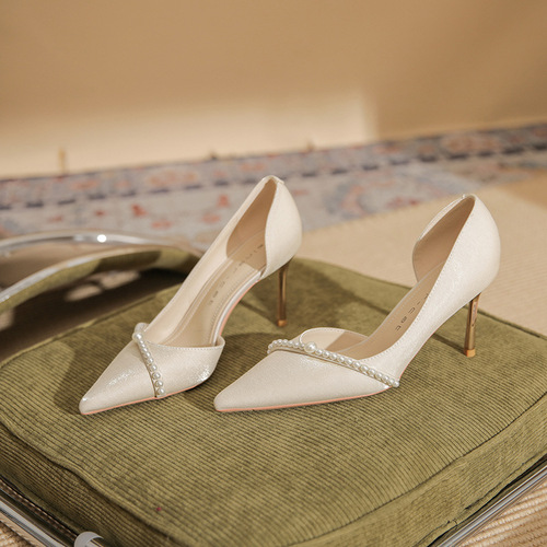 83313 Side hollow high heels women's stiletto 2024 spring new bridal wedding shoes pointed toe single shoes temperament bridesmaid shoes