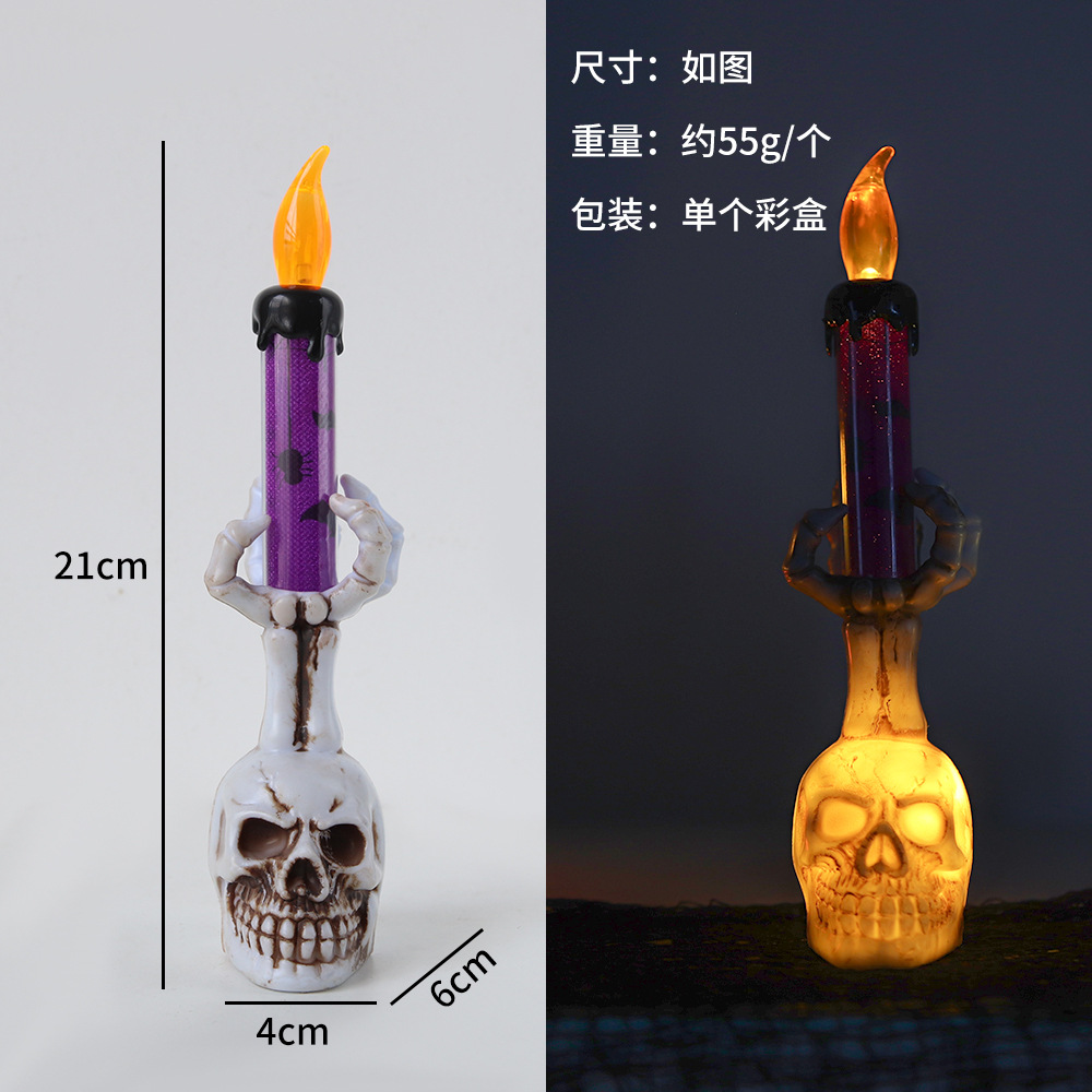 Calavera grande con mano, luz púrpura.