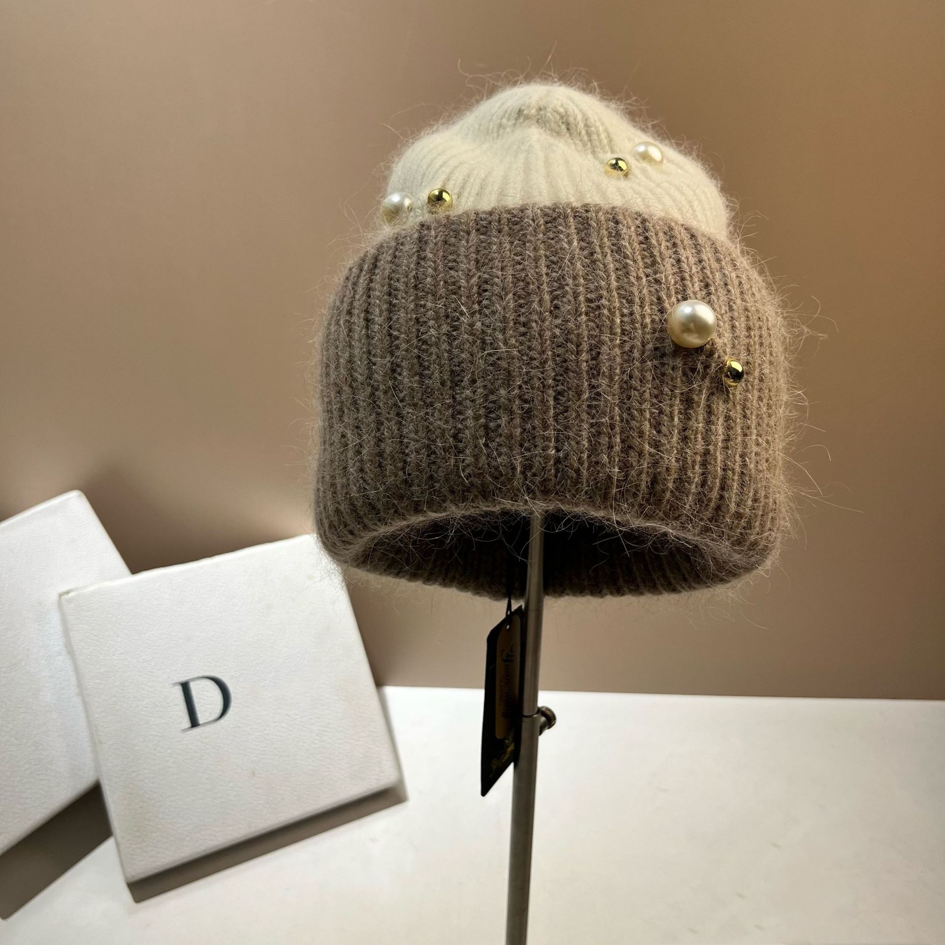 Winter Kleine Duftende Perle Farbe blockiert Warm Kalt Nordisch Dick Doppelschicht Angora Kaninchen Haar Strickmütze_voghion.com