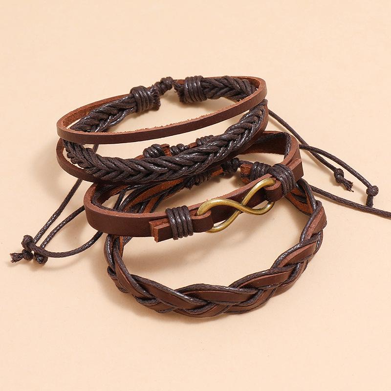 Retro multi-layer braided leather bracelet three-piece set
