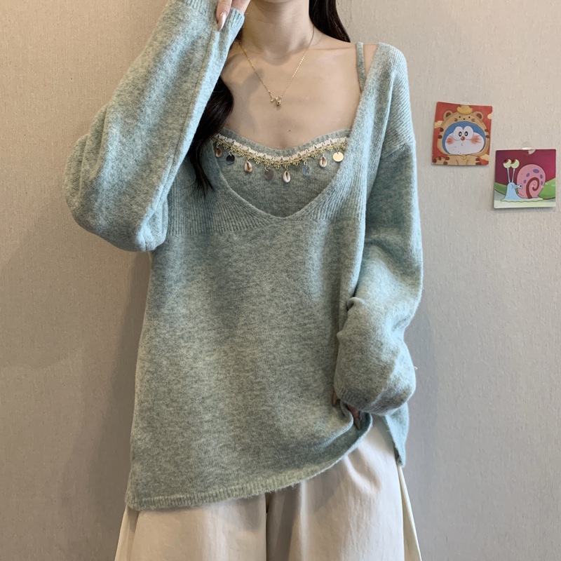 大码慵懒风软糯针织吊带上衣女新款秋冬遮肉显瘦毛衣两件套装|undefined
