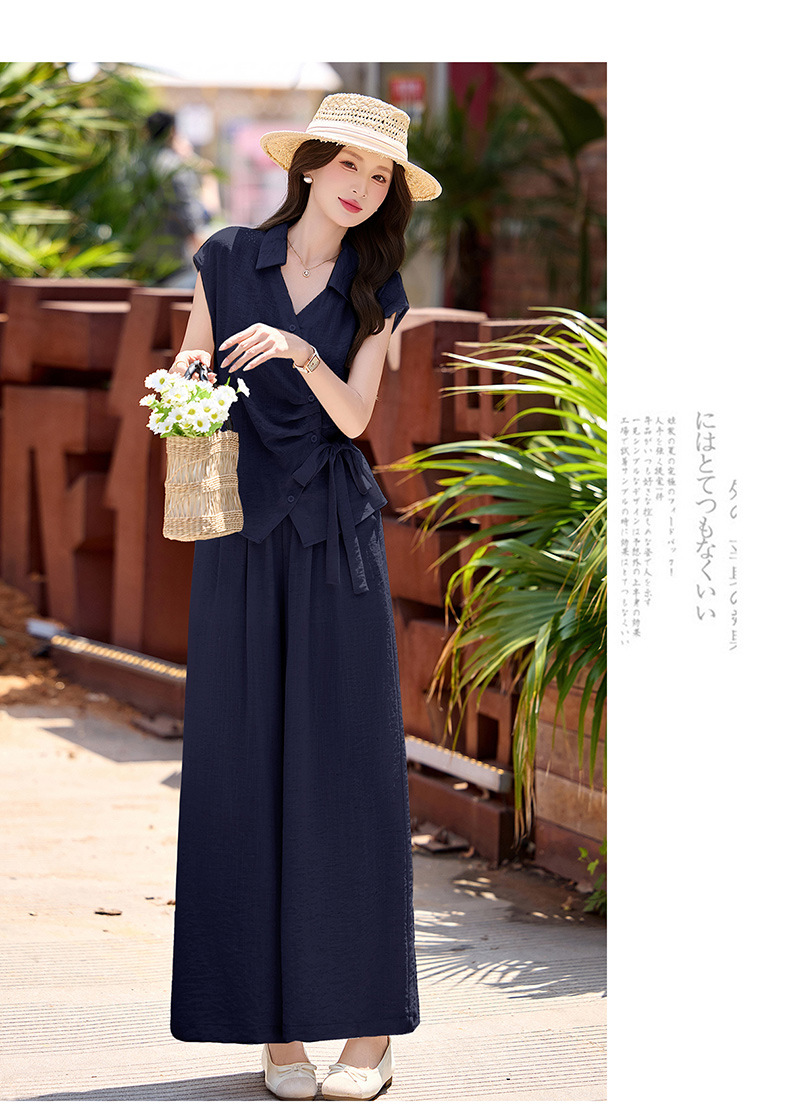 Bộ quần áo nữ hai mảnh gồm áo sơ mi eo thon và quần ống rộng, thiết kế thanh lịch mùa hè 2026 — Xanh lông mòng đen, màu mơ chi tiết 15