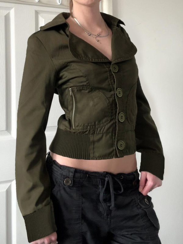 欧美机车风复古棕色工装收腰拉链显瘦夹克防风v领梭织上衣外套|undefined