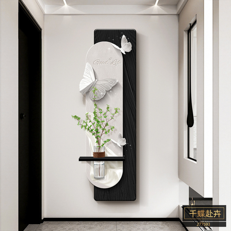 蝴蝶玄关装饰画花瓶绿植高级感客厅走廊过道壁画中古风水培挂画|undefined