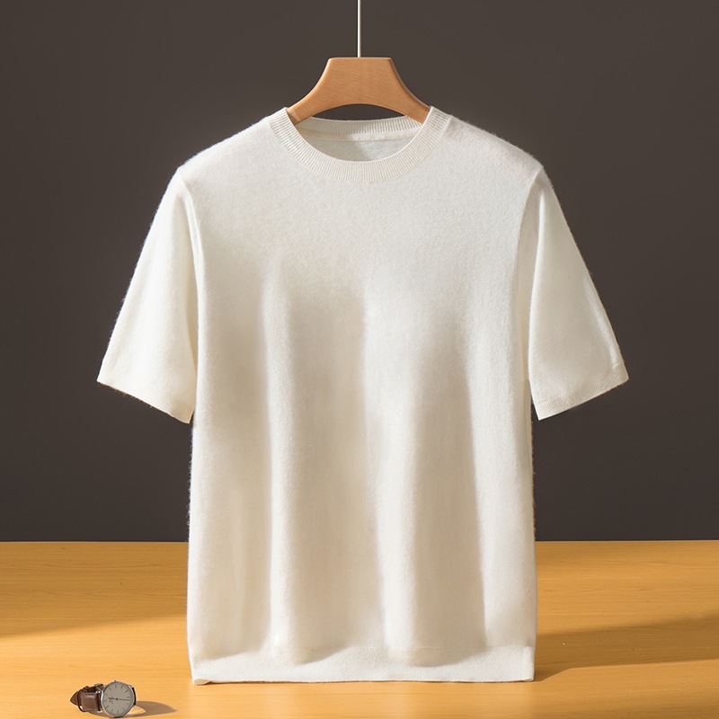 2026 Fall/Winter New Fine Knit Silk Cashmere Crew Neck Short Sleeve Men's Solid Color Loose Cashmere Sweater