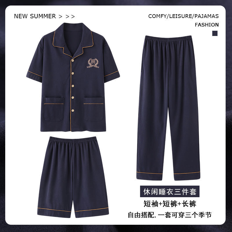 100% algodón pijamas de los hombres pantalones cortos de manga corta pantalones traje de tres piezas cardigan casual más tamaño ropa para el hogar