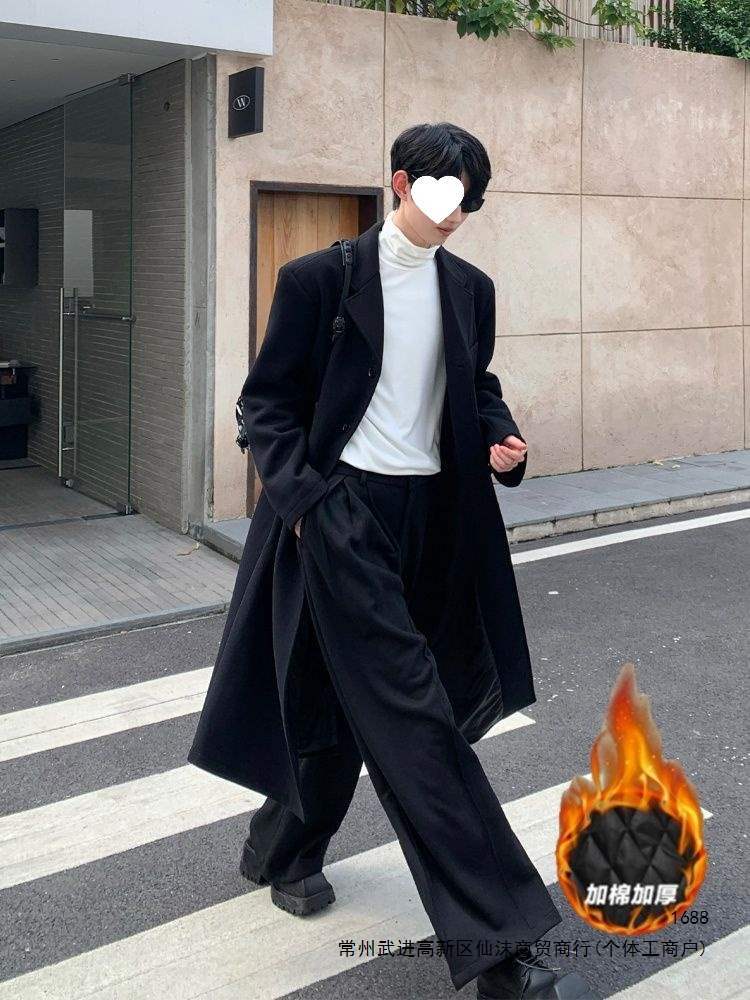 Korean style wool coat for men, new autumn and winter style, quilted, warm, loose, long, over-the-knee, padded shoulder coat.