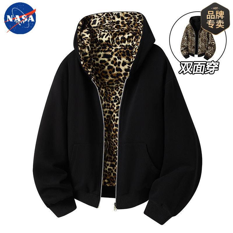 Nasa Brand Leopard Print Reversible Cardigan Sweatshirt Men's Autum High Street Handsome Loose Trendy Brand Splicing Hooded Jacket