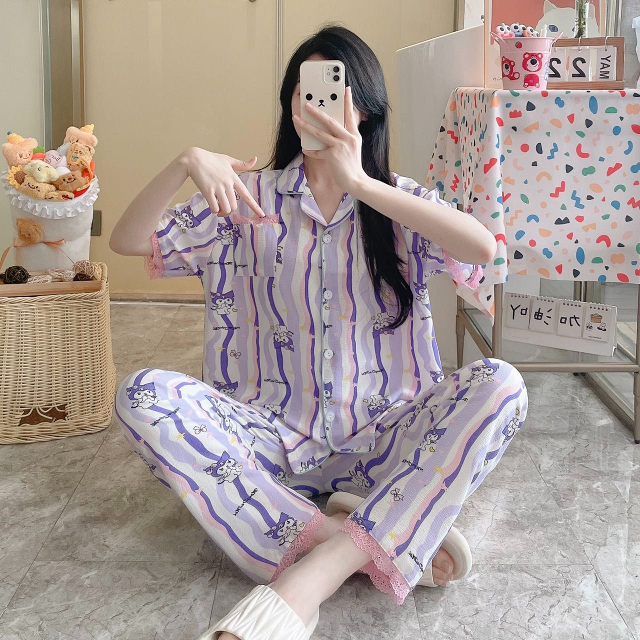 Pijamas al por mayor transfronterizos de primavera y verano espuma impresa cinta de encaje de manga corta pantalones largos de dibujos animados ropa de hogar