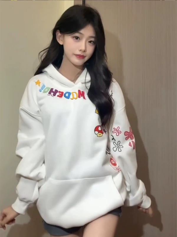 2025秋季新款涂鸦印花白色连帽卫衣女宽松慵懒风chic韩系情侣外套|undefined