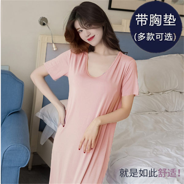 Camisón transfronterizo para las mujeres con almohadilla en el pecho pijamas de seda de la leche simple ropa de abrigo natural vestido de desgaste para el hogar al por mayor