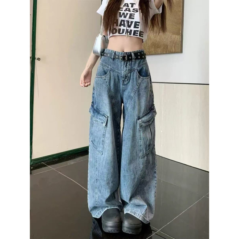 梵思羽明星同款高腰显瘦宽松直筒工装裤阔腿多口袋牛仔裤女10909|undefined