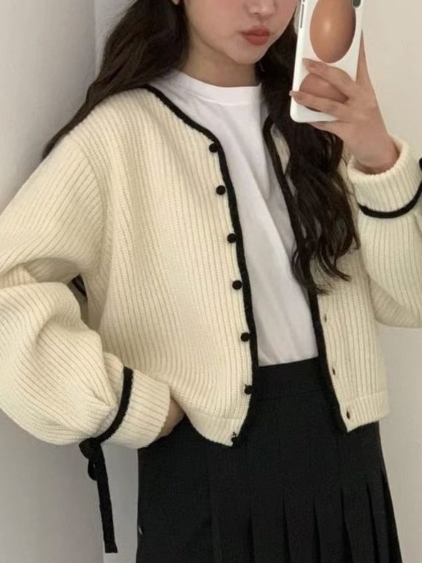 韩系甜美风短款针织开衫女秋冬季设计感小众系带毛衣外套外搭上衣|undefined
