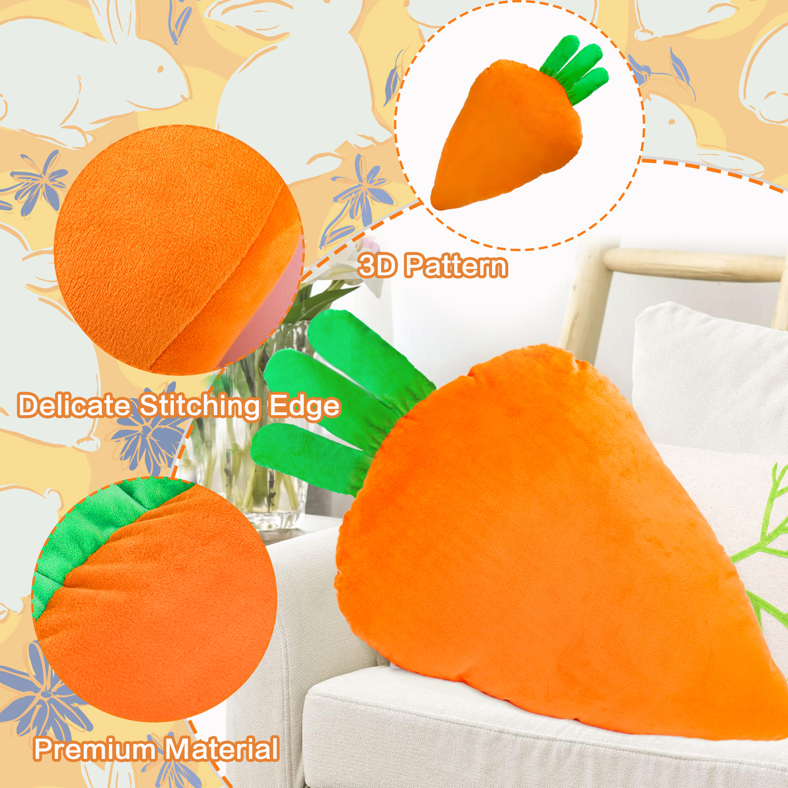 Almohada de zanahoria transfronteriza de Pascua adorable almohada de zanahoria con núcleo almohada de decoración para el hogar almohada de vacaciones