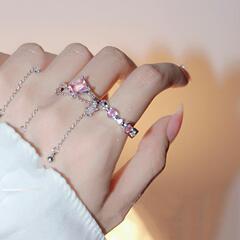 少女粉色鋯石愛心指環方形流蘇鏈條開口輕奢戒指女ins2022年新款