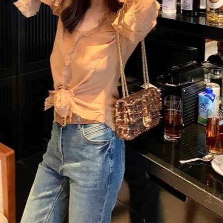 2025法式夏秋法式田园风绑带收腰设计感名媛上衣女木耳边显瘦衬衫|undefined
