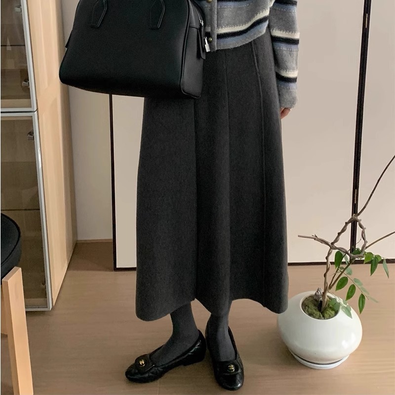 Gray Wool Knitted Pleated Skirt Women's Autumn and Winter New College Style High Waist Loose Mid-Length Skirt