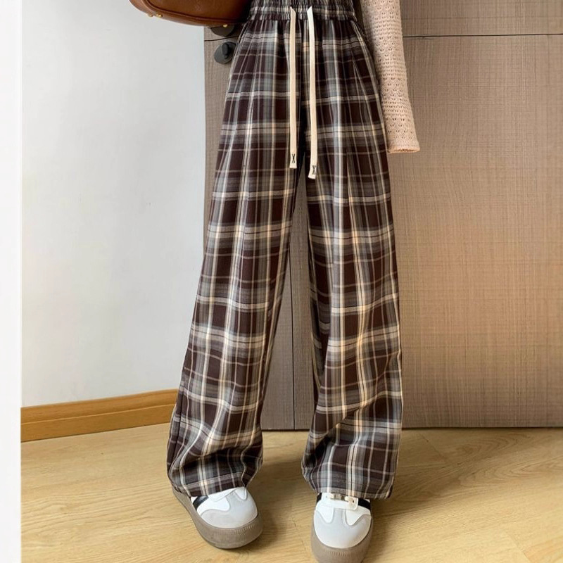 阔腿裤格子英伦裤女夏季复古复古风系带休闲高腰直筒薄款裤子批发|undefined