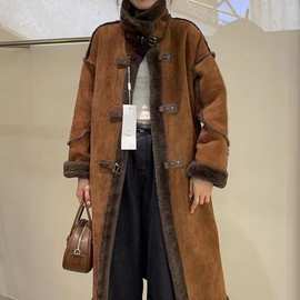 韩版时尚感立领中长款皮毛一体大衣女2023新款羊羔毛羊剪绒外套潮