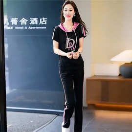 撞色印花连帽抽绳套头短袖卫衣女装两件套春夏季时尚减龄妈妈装潮