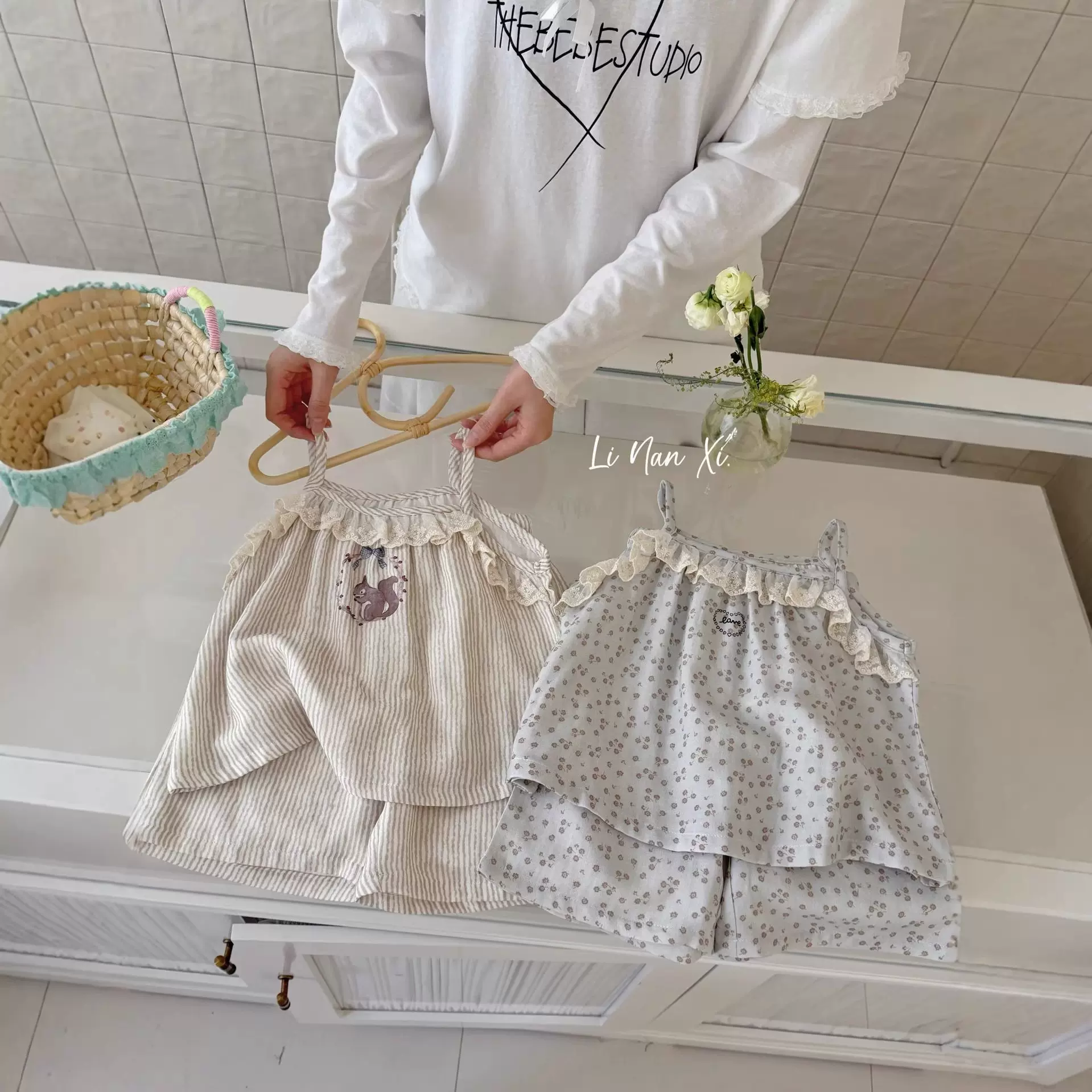 87001女童a类家居服套装睡衣2026夏季新款吊带花边棉纱透气薄款