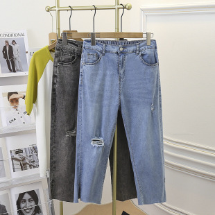 Chubby Girl spring and autumn Korean style thin stretch ripped split cropped jeans plus size women's fashion 2503