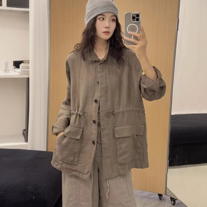 Japanese-Style Lapel Hemp Mid-Length Trench Coat for Women, Autumn New Loose Versatile Waist-Cinching Tie Old Money Style Jacket for Women