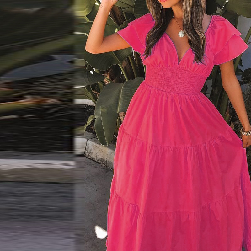 Fashion Solid Color V Neck Short Sleeve Pleated 4-Way Stretch Fabric Polyester Maxi Long Dress Strai