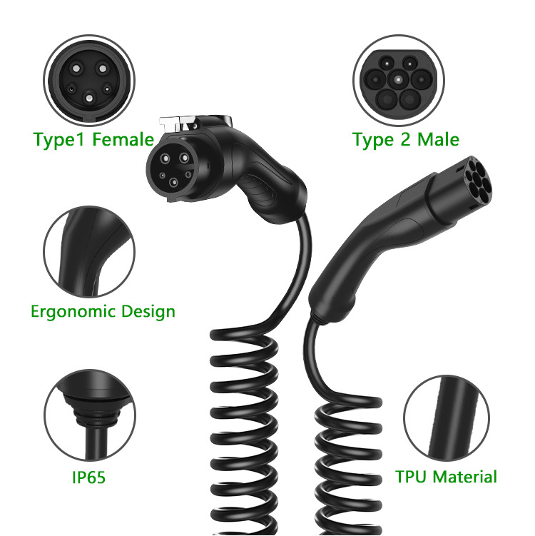 European Standard to American Standard Spring-Loaded Dual-Gun Cable, Black, 16A/32A, Type2 to Type1, for Electric Vehicle Charging Stations