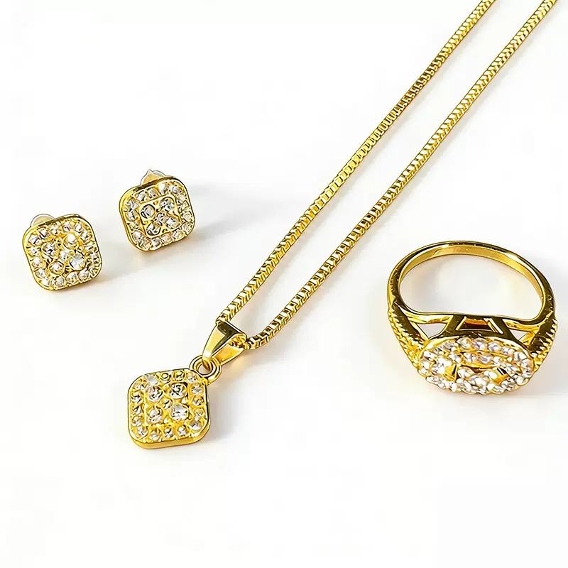 跨境首饰套装方形镶钻项链耳环戒指三件套女时尚百搭珠宝套装批发