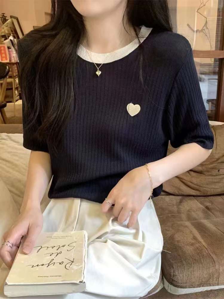 Korean Style Contrasting Color Design Round Neck T-Shirt Summer 2024 New Versatile Pit Strip Heart Knitted Short-Sleeved Women's Top