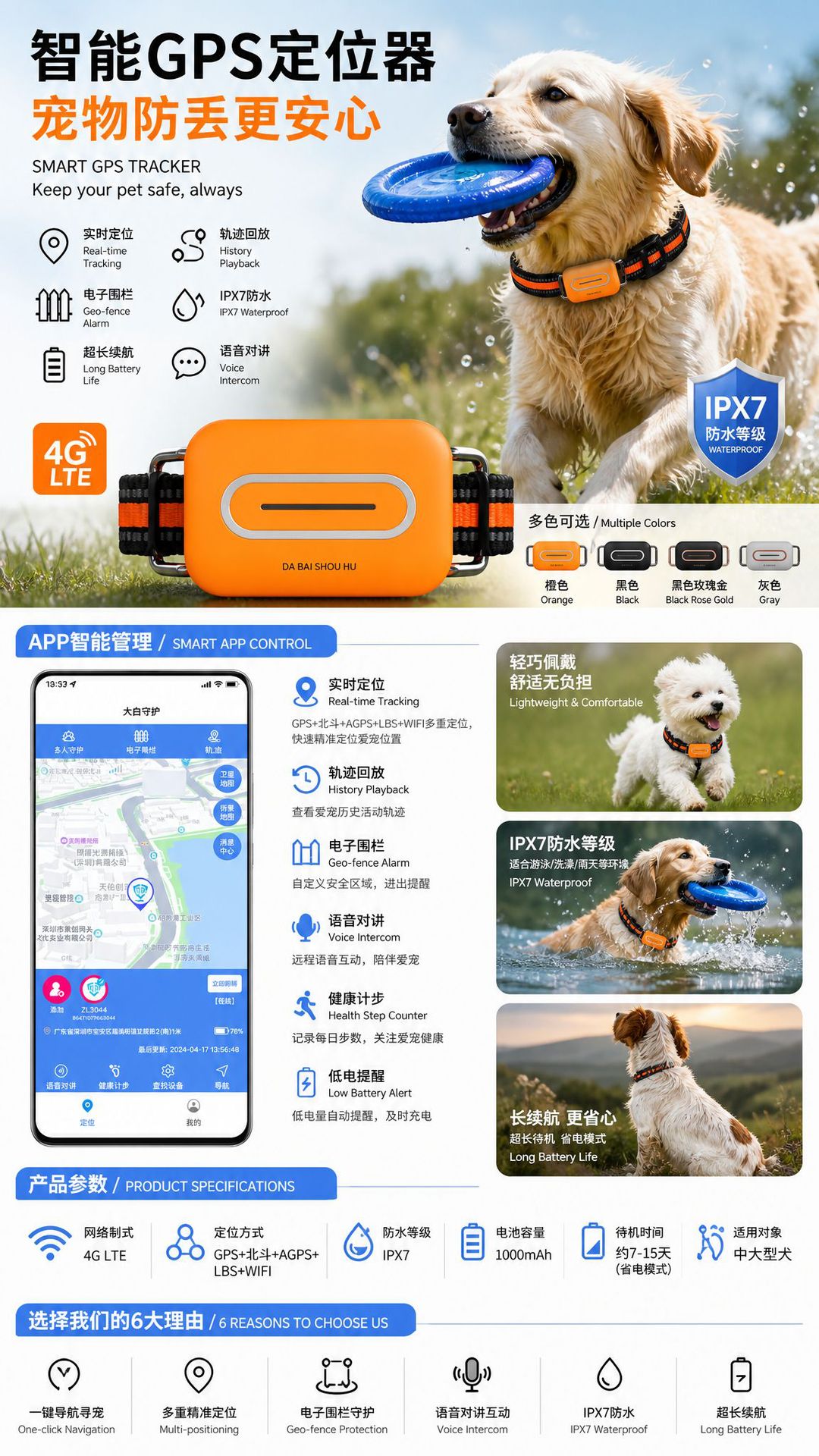Smart GPS tracker for pets, anti-lost 4G tracker for medium and large dogs, waterproof collar tracker