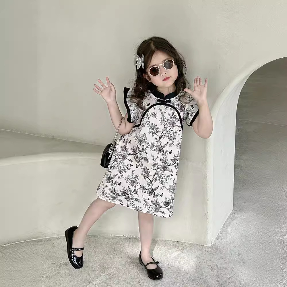 2024 Summer Girls' Baby Elegant Fly Sleeve Floral Qipao Dress Retro Chinese Style Little Girls' Dress