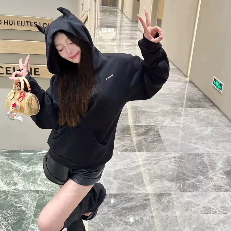 金智妮同款2025春秋新款黑色恶魔角连帽长袖卫衣女长袖高级甜美
