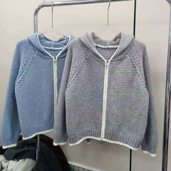 实拍现货条纹撞色连帽开衫毛衣女秋冬新款休闲慵懒风宽松百搭上衣