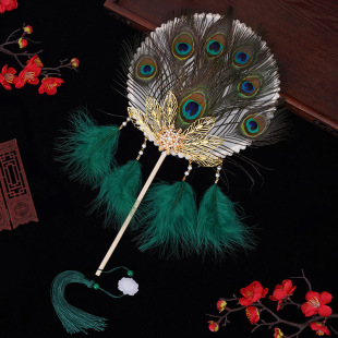 Peacock Feather Plush Group Fan Antique Long Handle Hanfu Cheongsam Accessories Hand-held Fan Table Performance Shooting prop fan