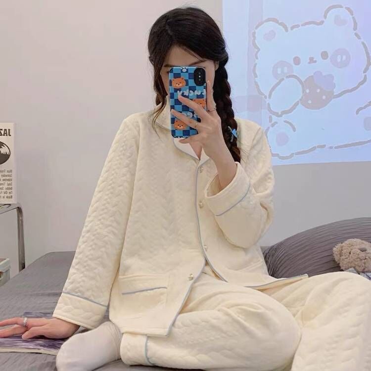 秋と冬の女性用パジャマ、暖かく厚みのある中間層エアコットン長袖ズボン、人形の襟、純綿の甘いホームウェアセット|undefined