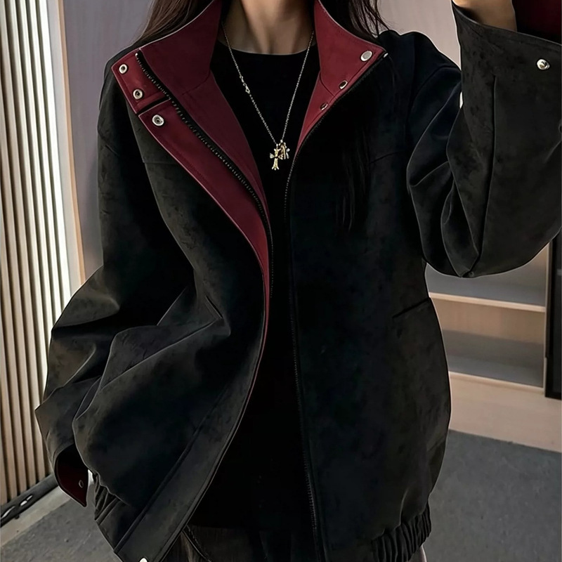 American retro color-block tie-dye leather jacket, unisex, autumn design, with a structured shoulder and stand-up collar, short baseball jacket style