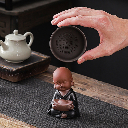 Creative Yixing Clay Teapot Filter with Miniature Monk Design | Household Kung Fu Tea Set for Filtering Tea Components
