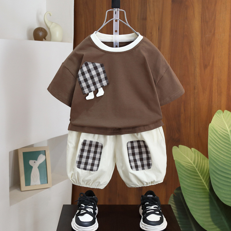 7238 Traje para niños guapo de manga corta de verano para niños 2025 nueva camiseta pantalones cortos delgados ropa de estilo de moda para bebés 3