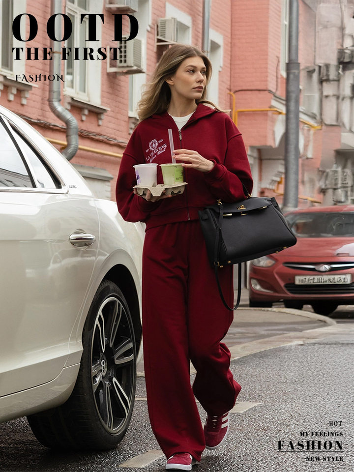 Bộ đồ thể thao nữ hai mảnh áo hoodie khóa kéo ngắn tay dài và quần dài — Màu xanh hải quân, màu xanh đậm, nâu sẫm chi tiết 1