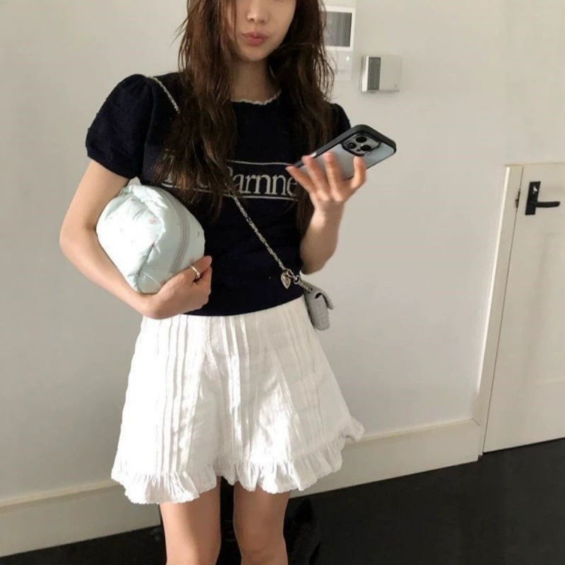 In-Stock Korean-Style Women's Clothing, New Summer Collection, Letter Jacquard Puff Sleeve Hollow-Out Knit Top, Round Neck Short-Sleeve Blouse
