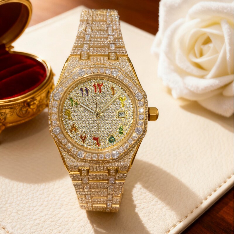 Fully Diamond-Encrusted, European and American Style Men's Automatic Mechanical Watch, Elegant, Luxurious and Light Luxury