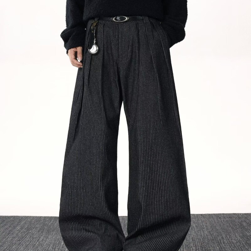 Retro Vibe Style Black Silhouette Scimitar Jeans Men's American Wide-Leg Slightly Flared Floor-Length Pants Straight for Teenagers