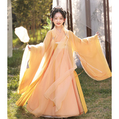 A 2024 New Style Yellow Brocade Flowing Fairy Skirt for Girls in Wei-Jin Style, with a Cross Collar, Waist-Length, and Exquisite Ruqun Autumn Dress
