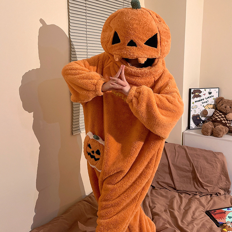 Coral Fleece Pajamas for Women, Thickened and Fleece-Lined, One-Piece Style, Autumn and Winter Cartoon Pumpkin Loungewear, Zippered, Can Be Worn Outside, Long Style Coral Fleece Pajamas for Women, Thickened and Fleece-Lined, One-Piece Style, Autumn and Winter Cartoon Pumpkin Loungewear, Zippered, Can Be Worn Outside, Long Style