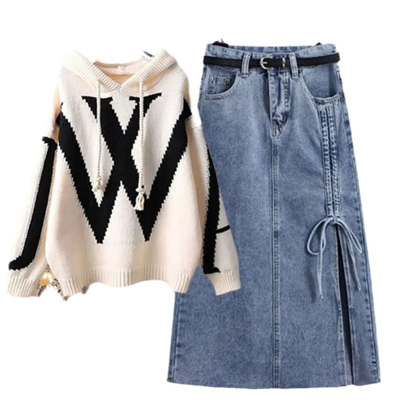 Vêtements pour femmes nouvelle grosse fille paresseuse pull tricoté à capuche jupe décontractée costume deux pièces_voghion.com